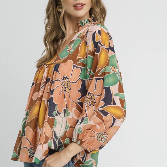 Umgee Multicolor Abstract Floral Print‎ Blouse with Ruffle Neck - Picture 2 of 5